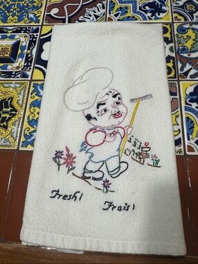 Vintage Embroidered Chef Kitchen Tea Towel - White with Multicolor Stitching